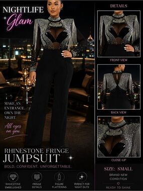 Rhinestone Fringe Black Jumpsuit - Nightlife Glam